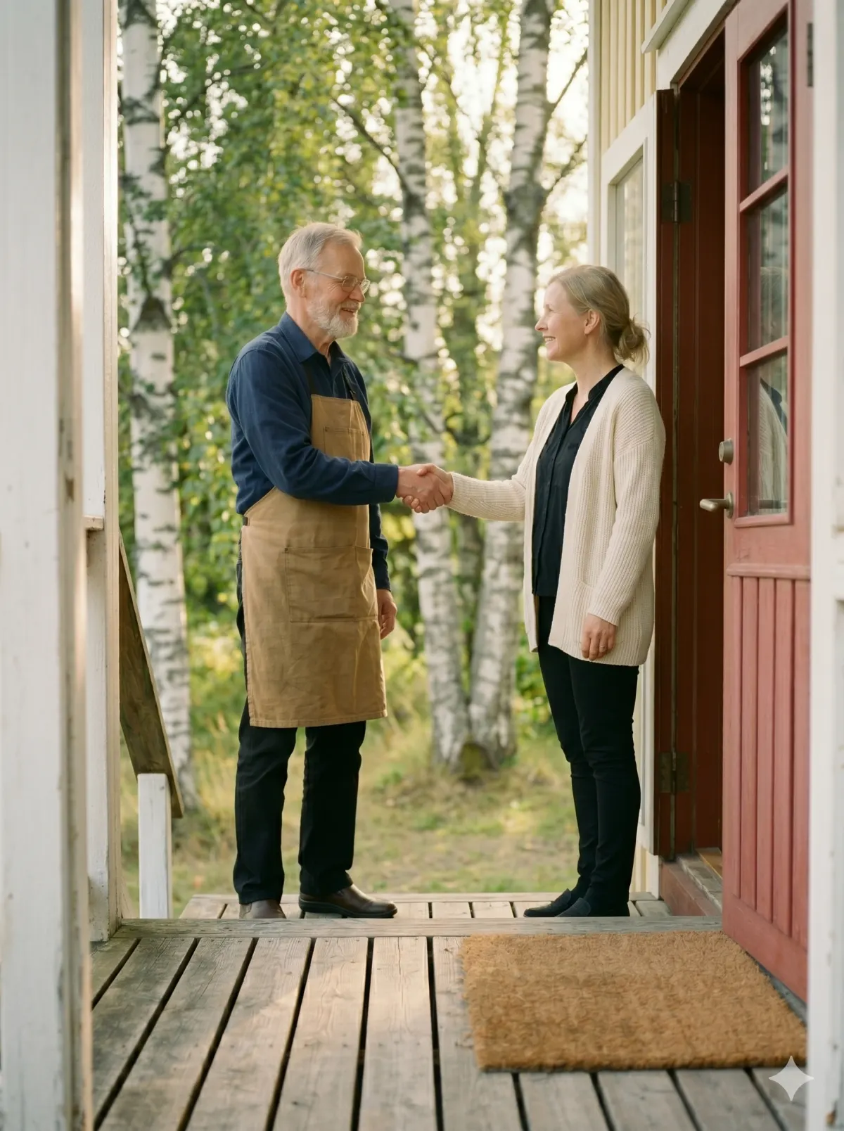 Experienced gardener tending roses outside a red Finnish cottage